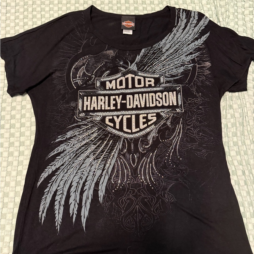Harley-Davidson Women’s BLING Black Graphic Tee with Wing Design